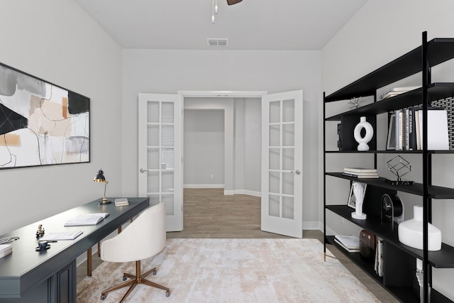 724 Cromane Rd, Fort Worth, TX 76052 - office space with french doors, wood finished floors, and a ceiling fan