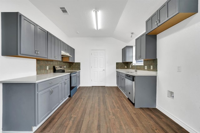 1724 Lincolnshire Way, Fort Worth, TX 76134 - kitchen with stainless steel appliances, under cabinet range hood, decorative backsplash, dark wood-style flooring, and lofted ceiling