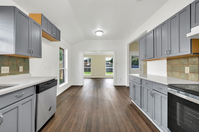 1724 Lincolnshire Way, Fort Worth, TX 76134 - kitchen featuring appliances with stainless steel finishes, gray cabinetry, light countertops, dark wood finished floors, and decorative backsplash