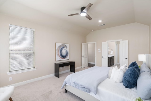 1809 Camo Ct, Allen, TX 75002 - bedroom with lofted ceiling, multiple windows, light carpet, connected bathroom, and a ceiling fan