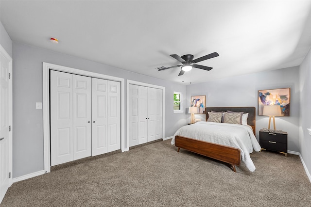 2473 W Five Mile Pkwy, Dallas, TX 75233 - bedroom with carpet floors, multiple closets, and ceiling fan
