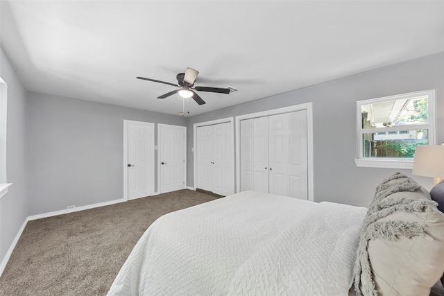 2473 W Five Mile Pkwy, Dallas, TX 75233 - bedroom featuring dark colored carpet, multiple closets, and ceiling fan