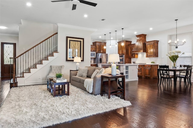 2542 Morgan Ln, Trophy Club, TX 76262 - living area with ceiling fan, dark wood-type flooring, crown molding, recessed lighting, and stairway