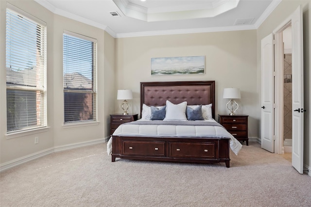 2542 Morgan Ln, Trophy Club, TX 76262 - bedroom featuring light carpet, crown molding, and a tray ceiling