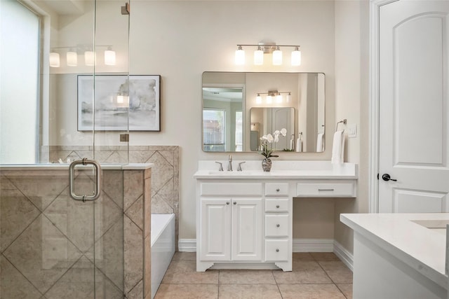2542 Morgan Ln, Trophy Club, TX 76262 - bathroom featuring vanity, a bath, tile patterned flooring, and a stall shower