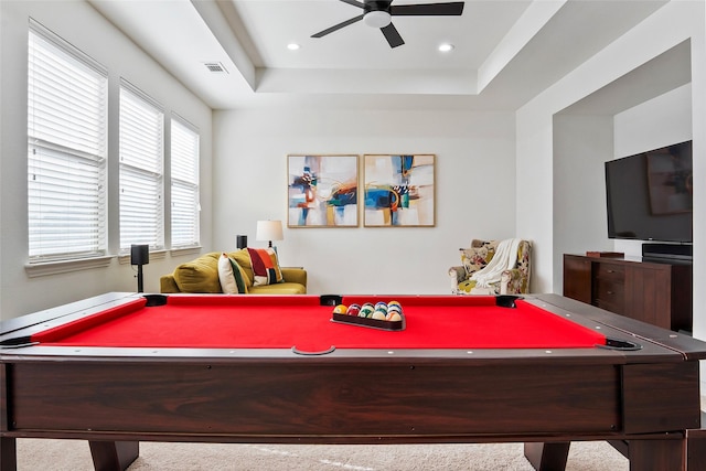 2542 Morgan Ln, Trophy Club, TX 76262 - game room with billiards table, a ceiling fan, and a tray ceiling