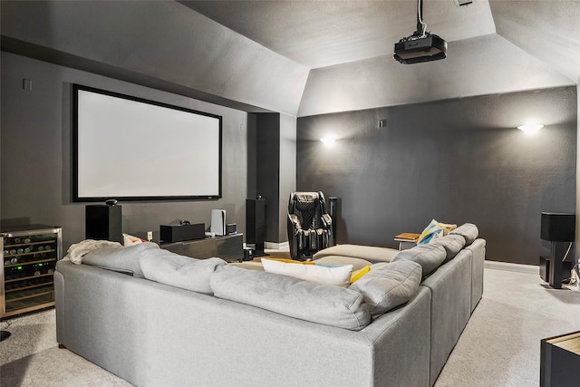 2542 Morgan Ln, Trophy Club, TX 76262 - home theater featuring light carpet, beverage cooler, and vaulted ceiling