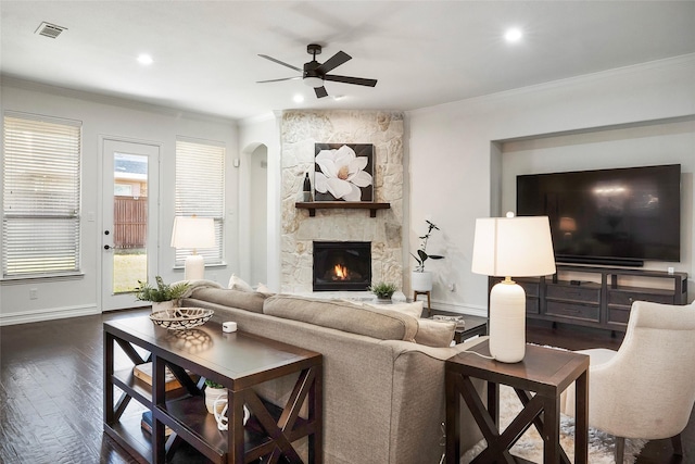 2542 Morgan Ln, Trophy Club, TX 76262 - living area featuring ceiling fan, crown molding, a fireplace, dark wood-style floors, and recessed lighting