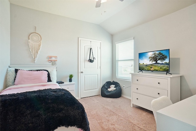 322 Chestnut Ln, Ponder, TX 76259 - bedroom featuring light colored carpet, vaulted ceiling, and a ceiling fan