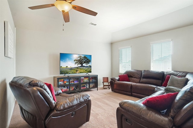 322 Chestnut Ln, Ponder, TX 76259 - carpeted living room featuring a ceiling fan and lofted ceiling