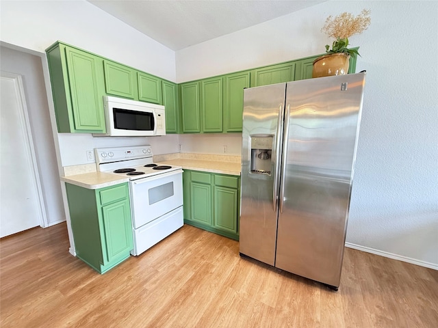 3541 Cripple Creek Trl, Fort Worth, TX 76262 - kitchen featuring white appliances, green cabinetry, light wood-type flooring, and light countertops