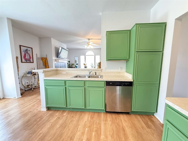 3541 Cripple Creek Trl, Fort Worth, TX 76262 - kitchen featuring green cabinetry, dishwasher, ceiling fan, and light wood-type flooring