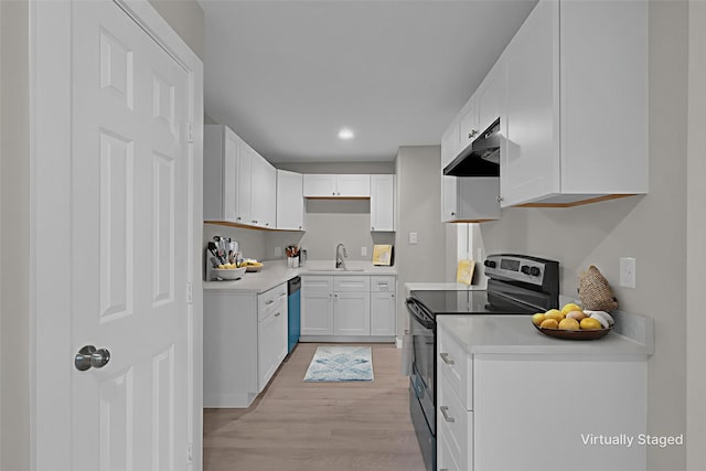 5274 Questa Dr, Abilene, TX 79605 - kitchen featuring stainless steel electric range oven, light wood-type flooring, dishwasher, white cabinets, and recessed lighting
