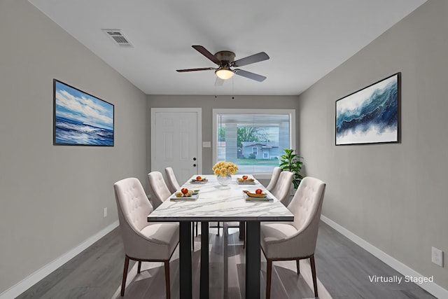 5274 Questa Dr, Abilene, TX 79605 - dining area with dark wood finished floors and a ceiling fan