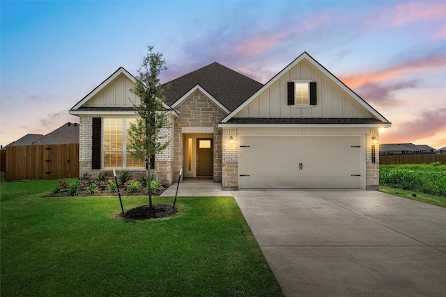 3401 Beutel Rd, Lorena, TX 76655 - view of front of house featuring board and batten siding, driveway, stone siding, a shingled roof, and a garage