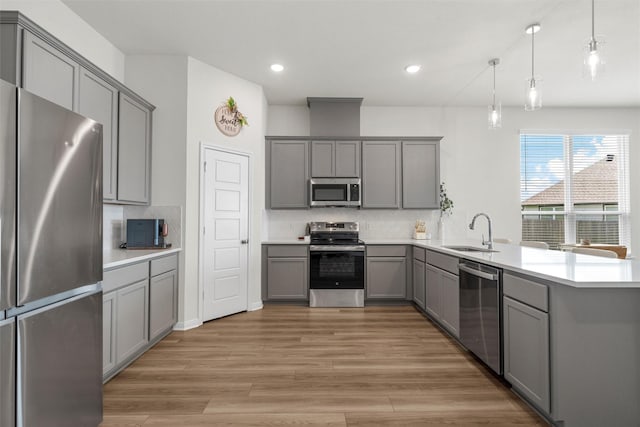 3401 Beutel Rd, Lorena, TX 76655 - kitchen featuring stainless steel appliances, gray cabinetry, decorative backsplash, light wood finished floors, and recessed lighting