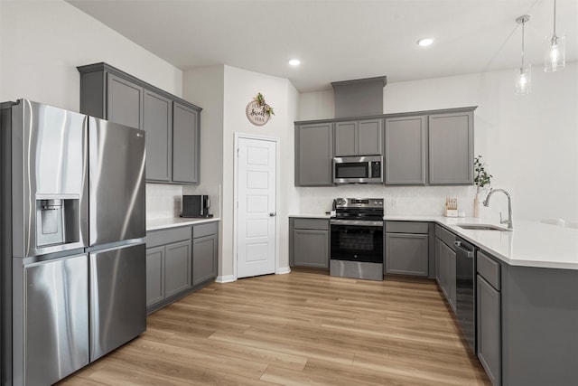 3401 Beutel Rd, Lorena, TX 76655 - kitchen featuring stainless steel appliances, gray cabinets, tasteful backsplash, and recessed lighting