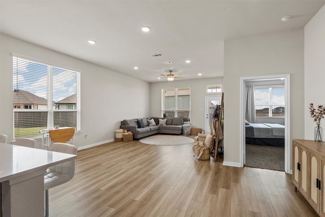 3401 Beutel Rd, Lorena, TX 76655 - living area with light wood-style flooring, ceiling fan, and recessed lighting
