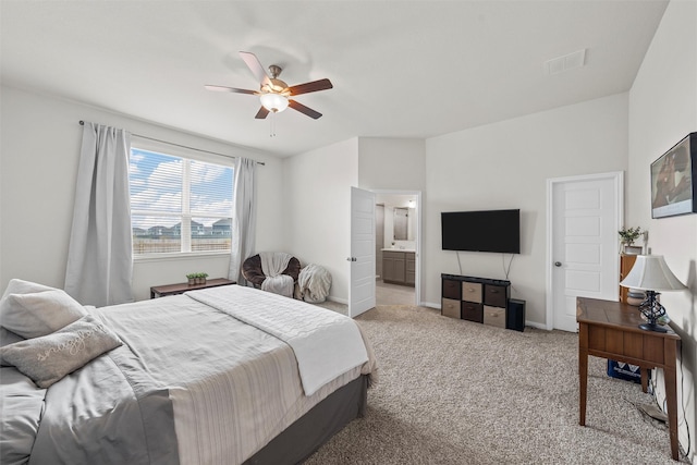 3401 Beutel Rd, Lorena, TX 76655 - carpeted bedroom featuring a ceiling fan and connected bathroom