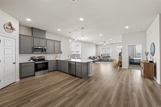 3401 Beutel Rd, Lorena, TX 76655 - kitchen featuring stainless steel appliances, gray cabinetry, open floor plan, a peninsula, and a ceiling fan