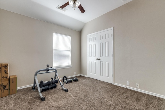 11398 Pear Ridge Dr, Frisco, TX 75035 - exercise area featuring ceiling fan, carpet flooring, and vaulted ceiling