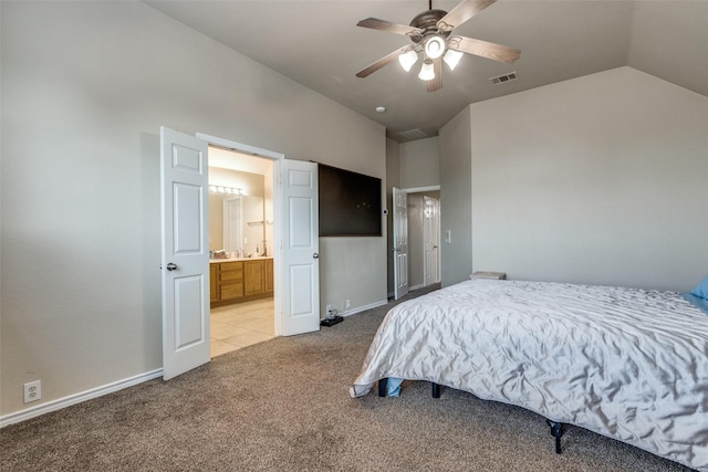 11398 Pear Ridge Dr, Frisco, TX 75035 - bedroom featuring lofted ceiling, light colored carpet, ensuite bath, and ceiling fan