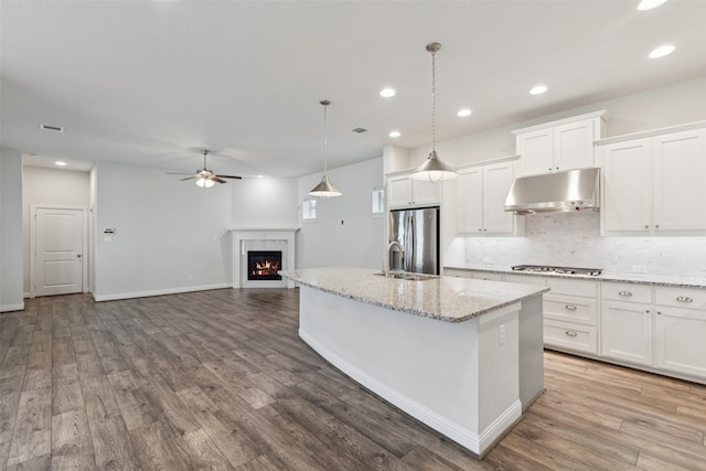 905 Plaza Ln, Argyle, TX 76226 - kitchen featuring under cabinet range hood, appliances with stainless steel finishes, ceiling fan, decorative backsplash, and a kitchen island with sink