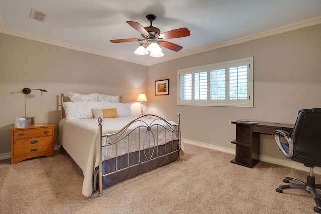 2086 Breezywood Dr, Flower Mound, TX 75022 - carpeted bedroom with a desk, crown molding, and a ceiling fan
