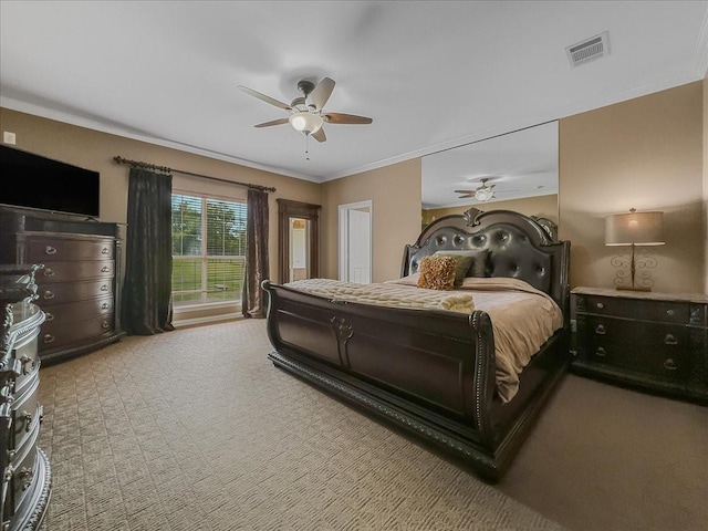 10353 W Dublin Dr, Forney, TX 75126 - bedroom with carpet, ornamental molding, and ceiling fan
