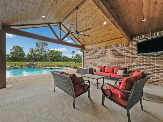 10353 W Dublin Dr, Forney, TX 75126 - view of patio with an outdoor living space, a ceiling fan, and an outdoor pool