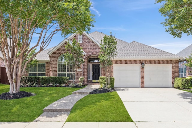 4069 White Porch Rd, Plano, TX 75024 - view of front of house with an attached garage, brick siding, roof with shingles, and a front yard
