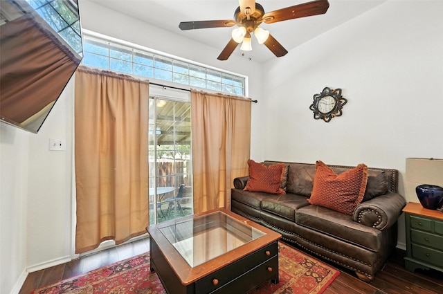 8311 Paxson Trl, Dallas, TX 75249 - living area featuring wood finished floors and ceiling fan