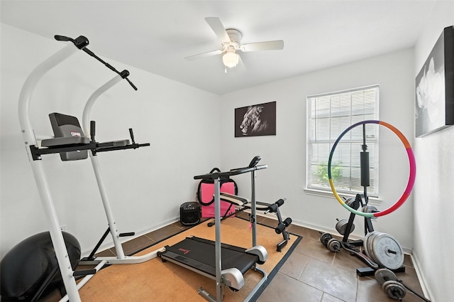 8311 Paxson Trl, Dallas, TX 75249 - exercise room featuring a ceiling fan and tile patterned flooring