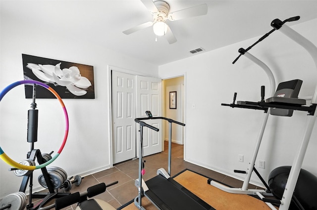 8311 Paxson Trl, Dallas, TX 75249 - workout area with a ceiling fan and tile patterned floors