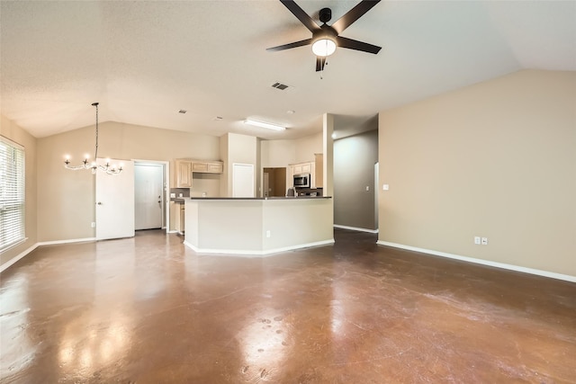 7921 Mourning Dove Dr, Arlington, TX 76002 - unfurnished living room featuring vaulted ceiling, concrete floors, a ceiling fan, and a chandelier
