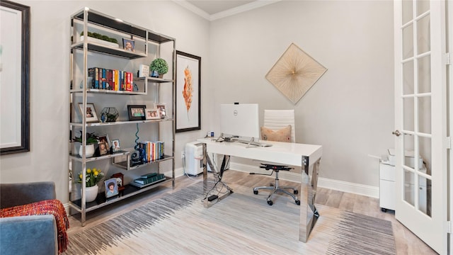 2809 Burgundy Trl, Rowlett, TX 75088 - office area featuring wood finished floors and ornamental molding