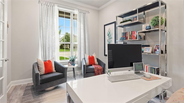 2809 Burgundy Trl, Rowlett, TX 75088 - office area with plenty of natural light, crown molding, and wood finished floors