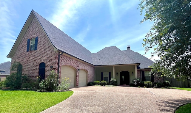147 Eagle Bend Way, Shreveport, LA 71115 - view of front of house with brick siding, a garage, concrete driveway, a shingled roof, and a chimney