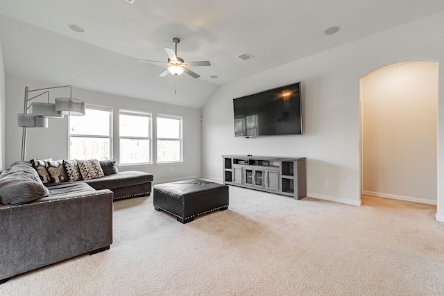 11401 Gale Ridge Ter, Fort Worth, TX 76052 - living area featuring arched walkways, ceiling fan, carpet flooring, and vaulted ceiling