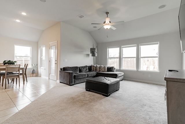 11401 Gale Ridge Ter, Fort Worth, TX 76052 - living area with lofted ceiling, ceiling fan, light tile patterned floors, light colored carpet, and recessed lighting