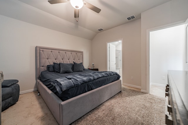 11401 Gale Ridge Ter, Fort Worth, TX 76052 - bedroom featuring light carpet, vaulted ceiling, ensuite bathroom, and a ceiling fan