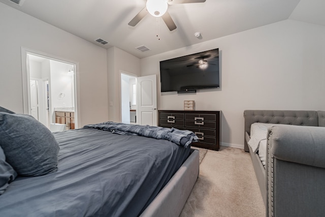 11401 Gale Ridge Ter, Fort Worth, TX 76052 - bedroom with light carpet, ceiling fan, ensuite bathroom, and lofted ceiling