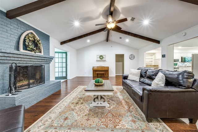 710 Northridge St, Denton, TX 76201 - living area with ceiling fan, dark wood-type flooring, a brick fireplace, and recessed lighting