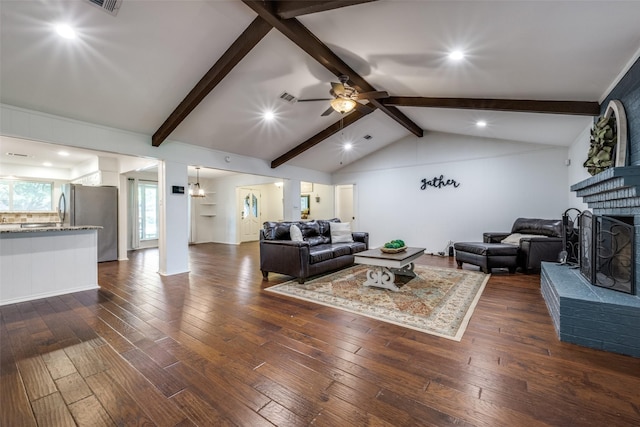710 Northridge St, Denton, TX 76201 - living room featuring a fireplace, a ceiling fan, dark wood-style floors, and recessed lighting