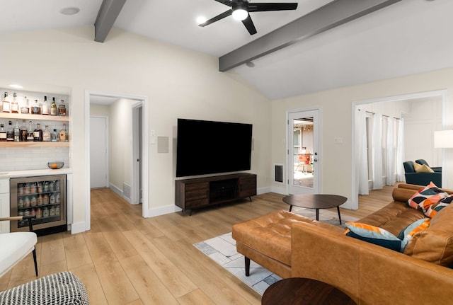 6207 Crested Butte Dr, Dallas, TX 75252 - living room with beverage cooler, a dry bar, light wood finished floors, and ceiling fan
