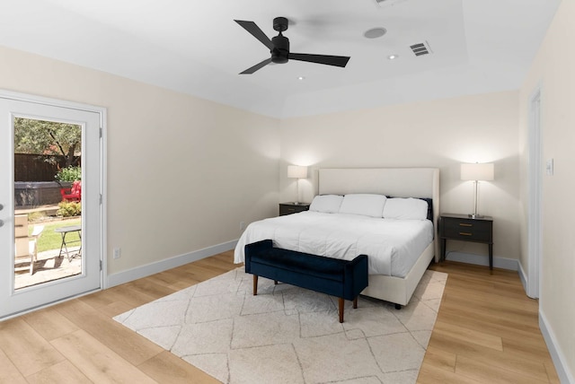 6207 Crested Butte Dr, Dallas, TX 75252 - bedroom with light wood finished floors, access to exterior, ceiling fan, and recessed lighting
