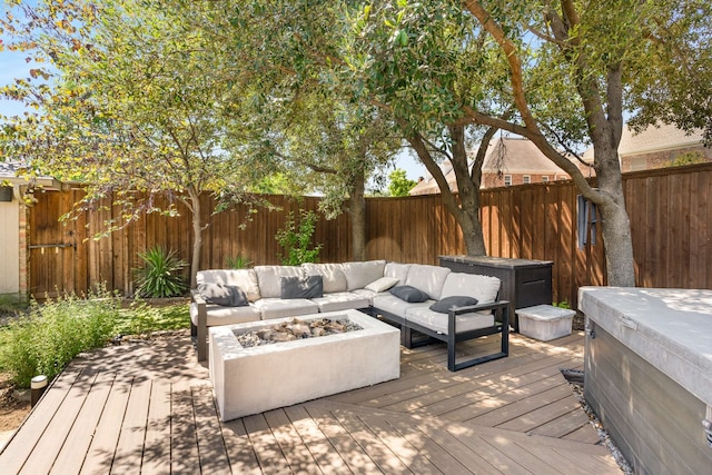 6207 Crested Butte Dr, Dallas, TX 75252 - wooden deck with an outdoor living space with a fire pit and a fenced backyard