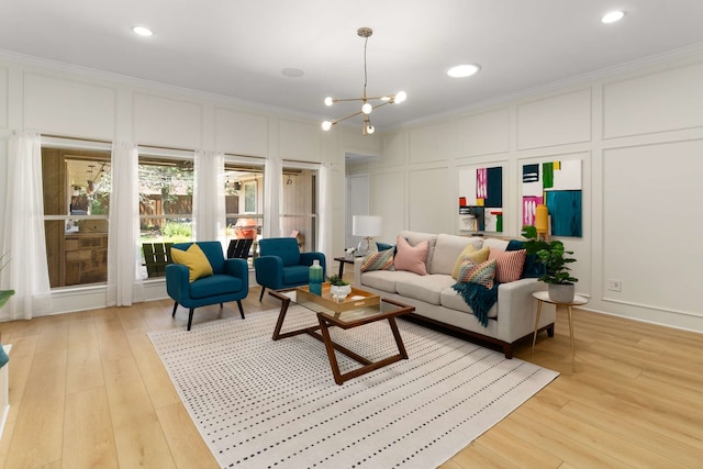 6207 Crested Butte Dr, Dallas, TX 75252 - living room with a decorative wall, ornamental molding, recessed lighting, light wood-type flooring, and a chandelier