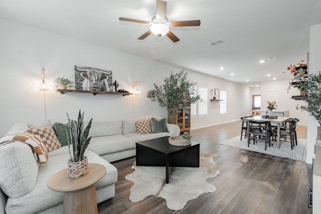 1447 Rolling Fox Dr, Forney, TX 75126 - living room featuring a ceiling fan, wood finished floors, and recessed lighting