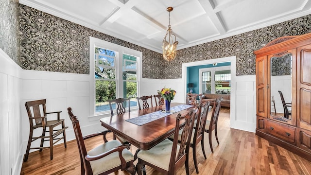305 E Lee Ave, Weatherford, TX 76086 - dining space featuring coffered ceiling, plenty of natural light, light wood-type flooring, wainscoting, and wallpapered walls